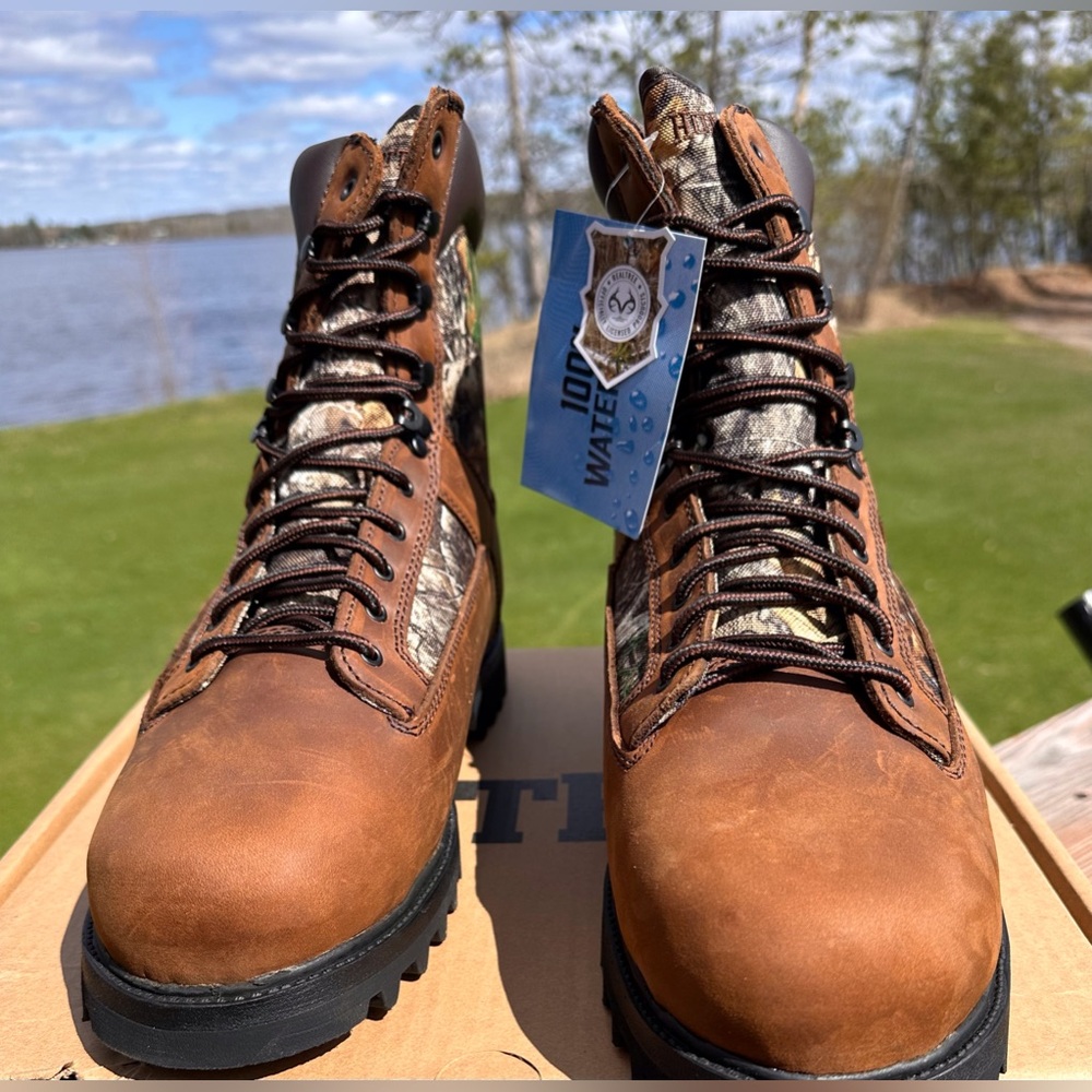Men's Brown Leather Hunting Boots with Camo Panels NWT